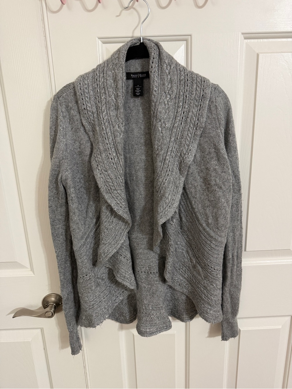 White House Black Market M Gray Wool Blend Cable Knit Cascading Ruffle Cardigan